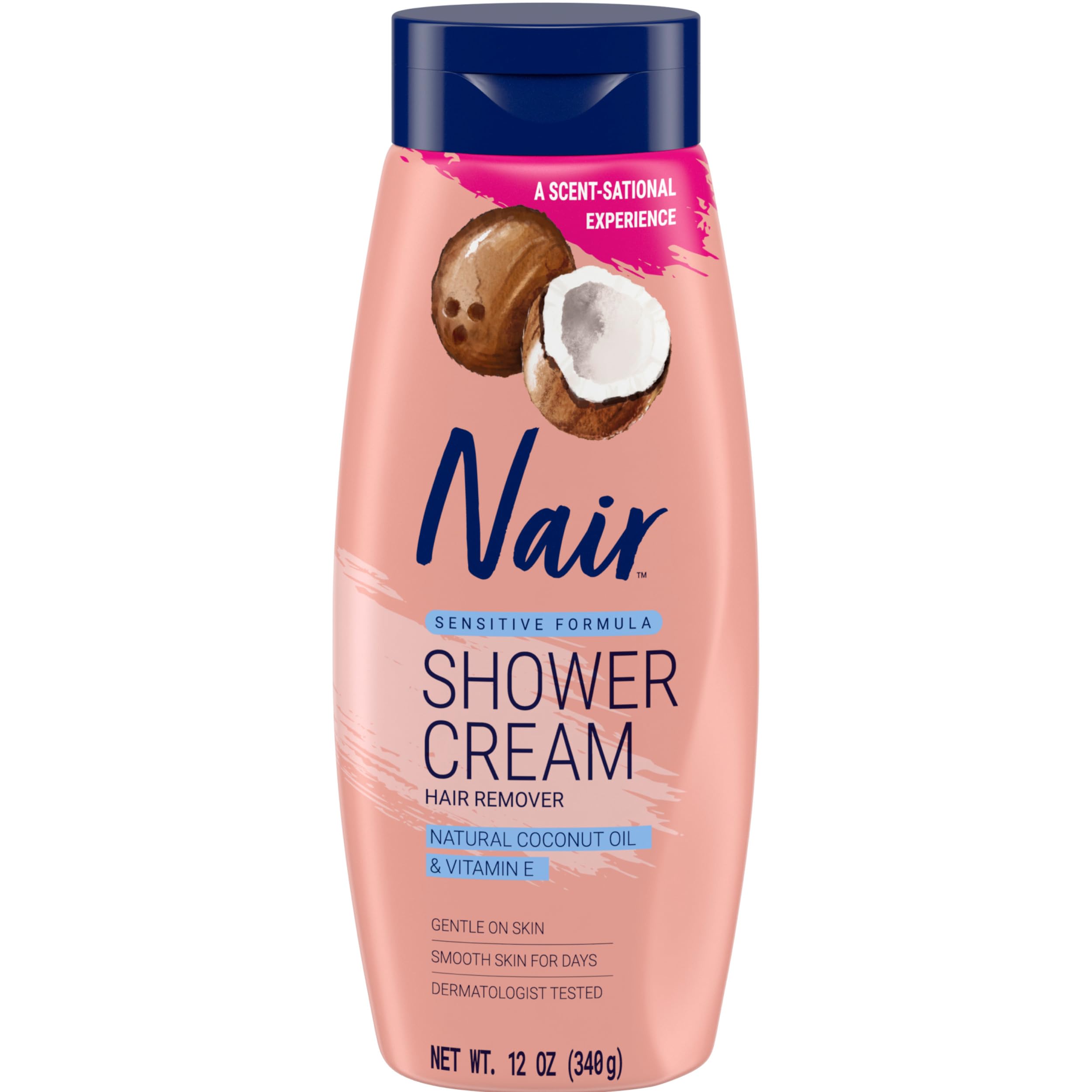 Nair Sensitive Shower Cream Hair Remover with Natural Coconut Oil and Vitamin E, Body Hair Removal Cream, 12 oz