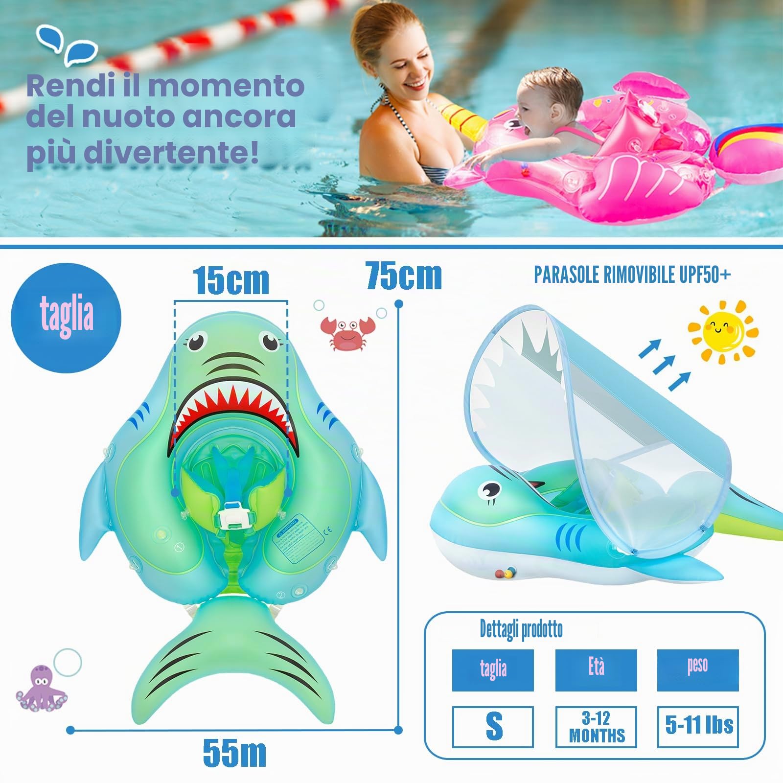 COSORO Gonfiabile per Bambini 10-24 mesi,Galleggiante gonfiabile unicorno rosa per piscina con sedile a baldacchino, coda antiribaltamento,Galleggiante per neonati