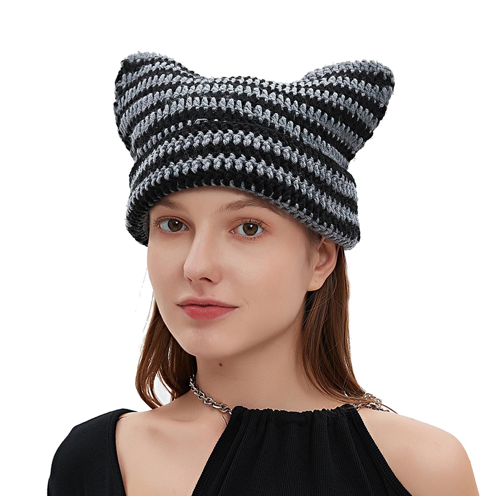 YIKOEE Crochet Cat Ear Beanie: Slouchy Kawaii Cute Hats - Gothic Knitted Beanies Grunge Y2k Accessories for Women