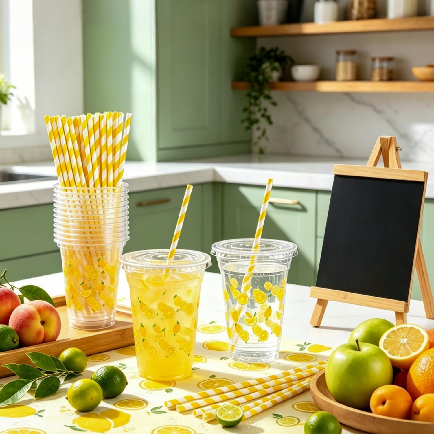 Lemonade Stand Supplies Include 100 Pcs 12oz Lemon Cups with Lids and Paper Straws, Tablecloth, Small Blackboard, Lemonade Stand Decorations for Kids Lemonade Stand Party Decor