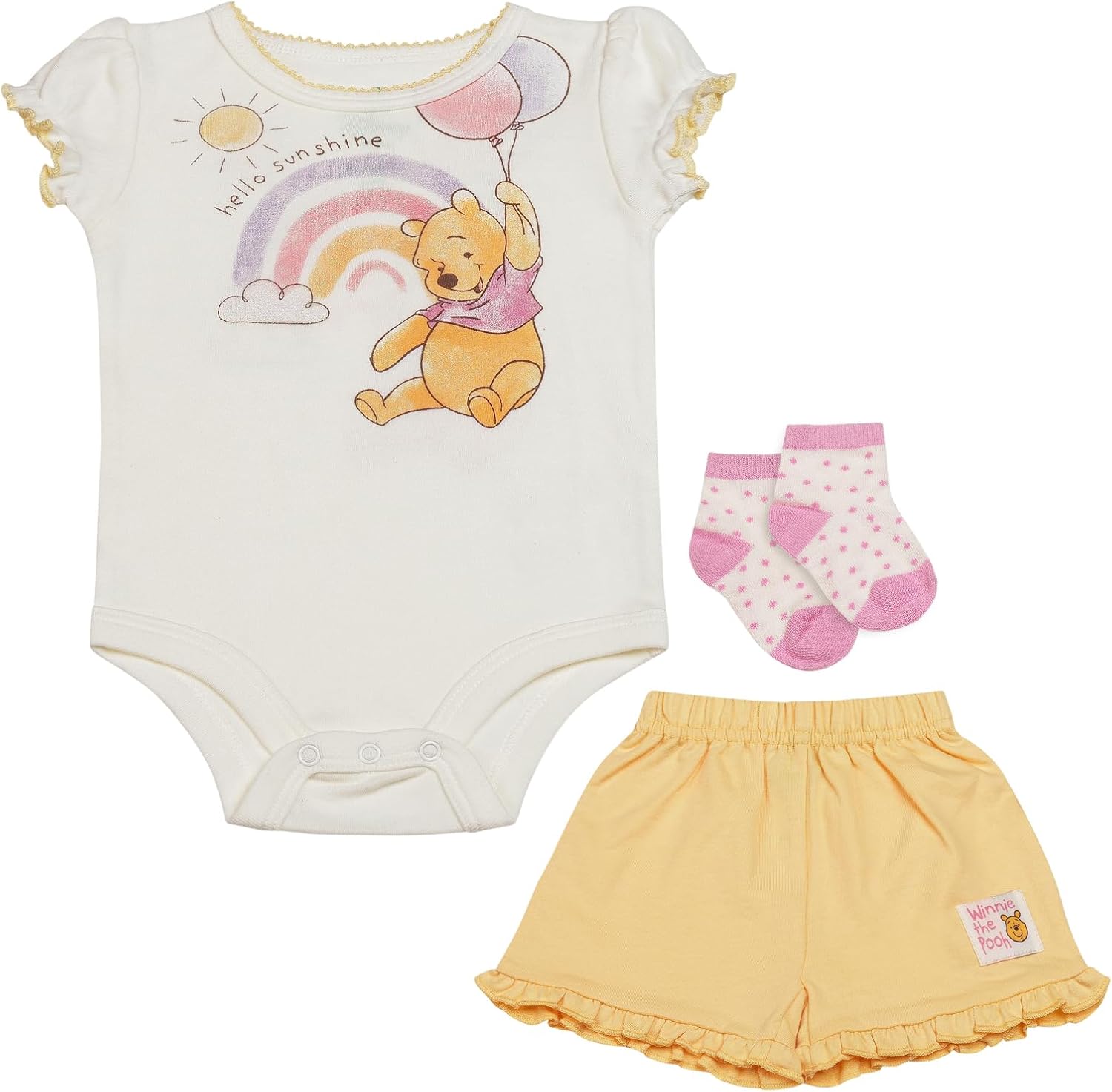 Disney Baby Girls 3-Piece Short Set – Bodysuit, Shorts & Socks – Minnie Mouse, Pooh, Stitch & 101 Dalmatians – (0-9M)