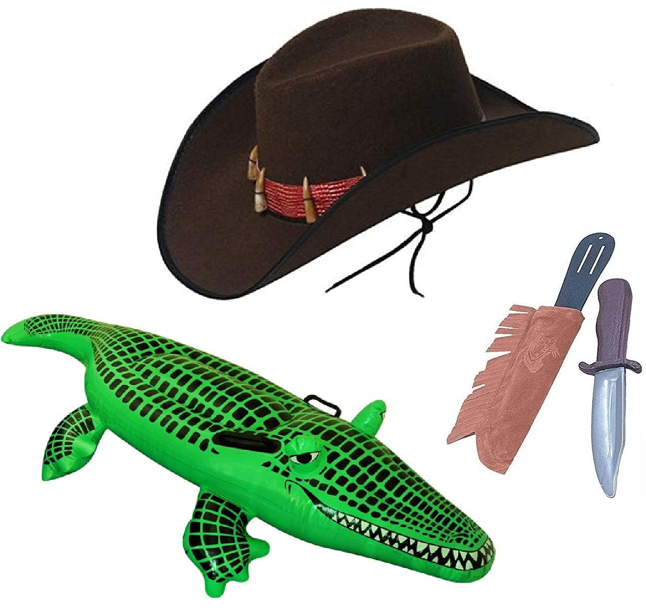 Mega_Jumble Crocodile Mick Dundee Australian Fancy Dress Costume, Brown Cowboy with Teeth Hat, Plastic Explorer Toy & Inflatable Giant Crocodile