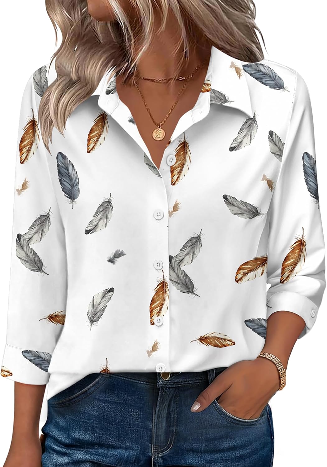 Zeagoo Button Down Shirts for Women 3/4 Sleeve Tops V Neck Collared Blouses Business Casual Outfits S-2XL