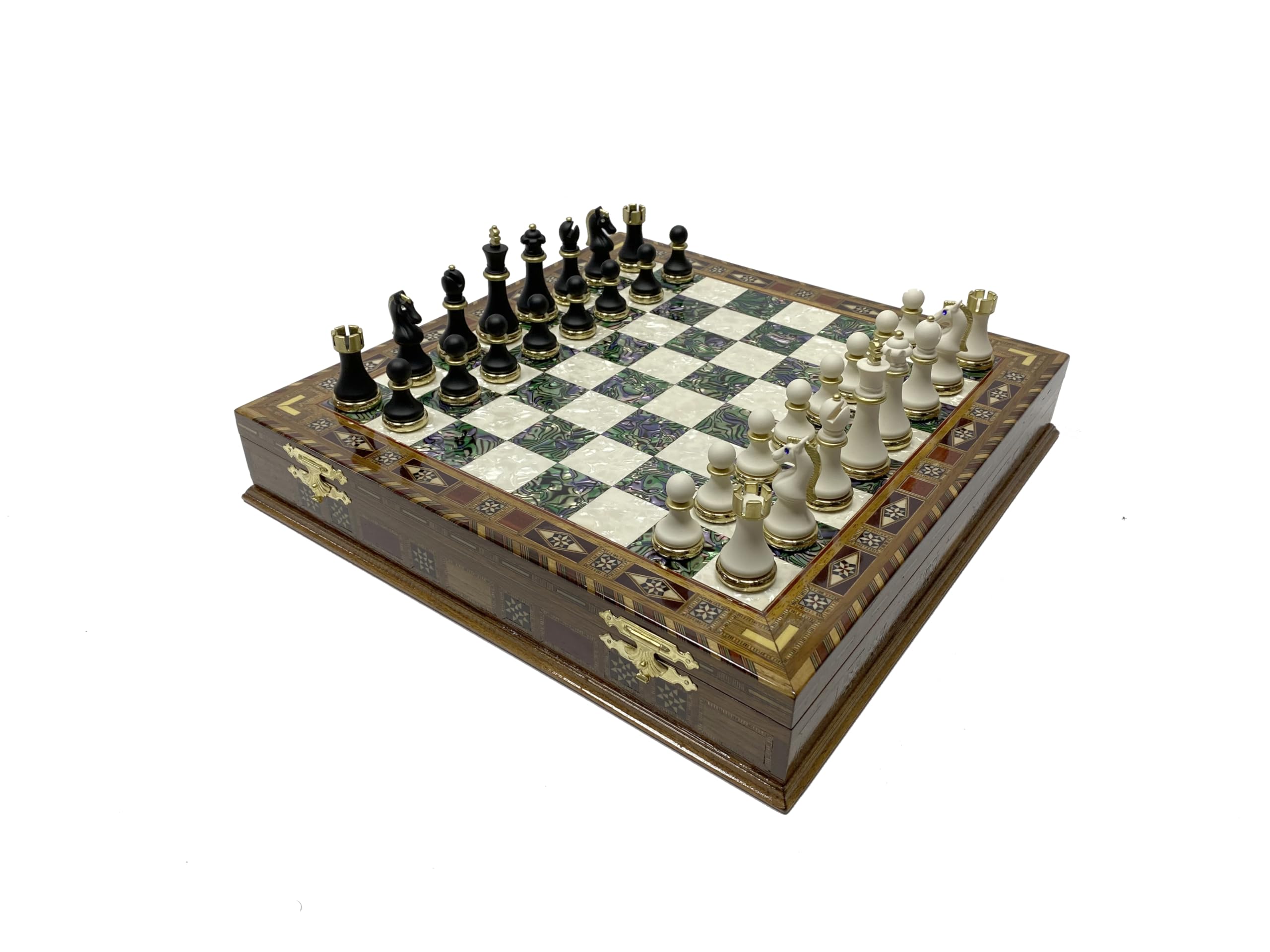 Antochia Crafts 16.5 Inches Large Chess Set - Luxury Chess Pieces with 2 Extra Queens and Wooden Chess Board with Mosaic Details (Green-Personalized)
