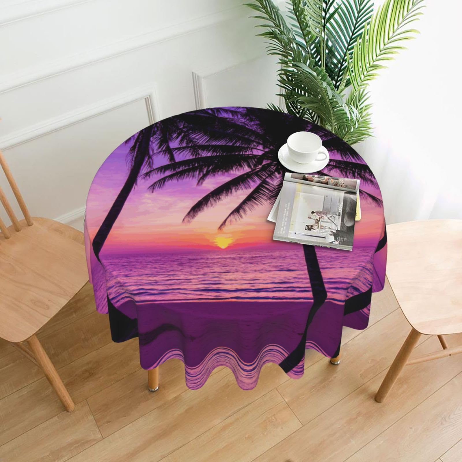 Uusnwaa Palm Trees Silhouette At Sunset Print Round Tablecloth 60 Inch, Stain Wrinkle Resistant Washable Polyester Table Cover For Kitchen Party