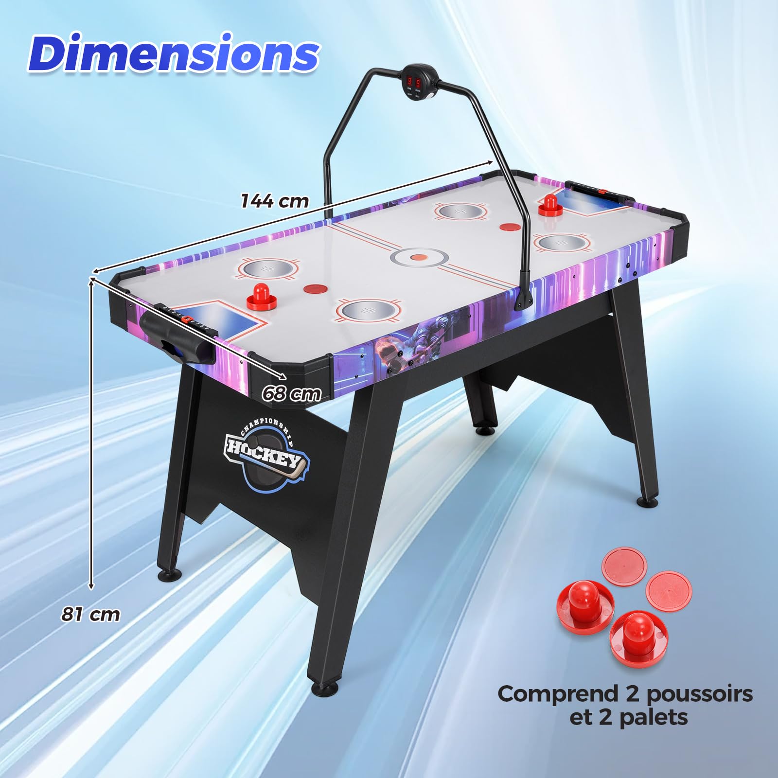 COSTWAY Table de Hockey à Air avec Marqueur Électronique LED & Ventilateur 12V, Table de Jeu Compact de 144cm avec 2 Palets & 2 Poussoirs, Coussinet Réglable, Air Hockey pour Adultes et Enfants