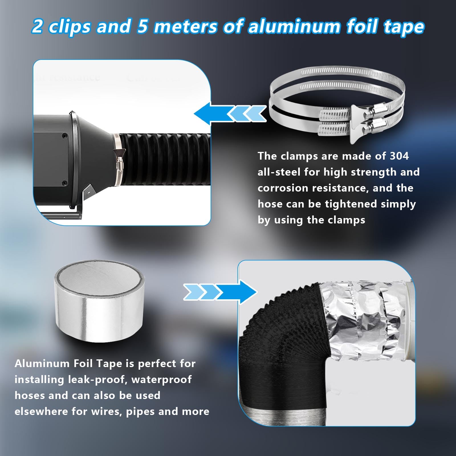 150mm Tumble Dryer Vent Hose 4.2m Long PVC Aluminium Flexible Ducting Hose with 2 Clamps,1 Volume Tape Black Air Ducting Vent for Air Conditioner HVAC Ventilation - Image 4
