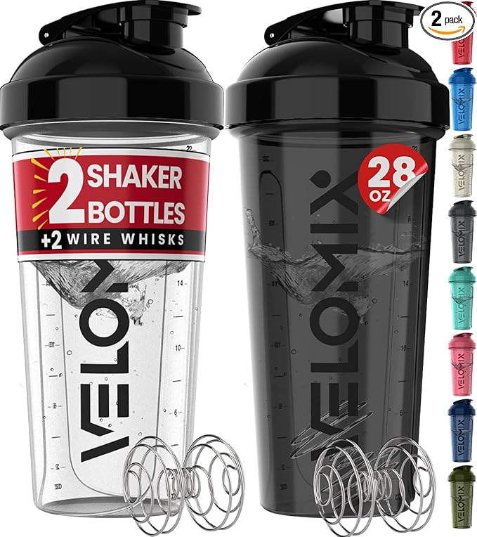 2 Pack- 28 oz Protein Shaker Bottles for Protein Mixes - 2x Wire Whisk | Leak Proof Shaker Cups for Protein Shakes | Protein Shaker Bottle Pack | Shakers for Protein Shakes-Black&Transparent
