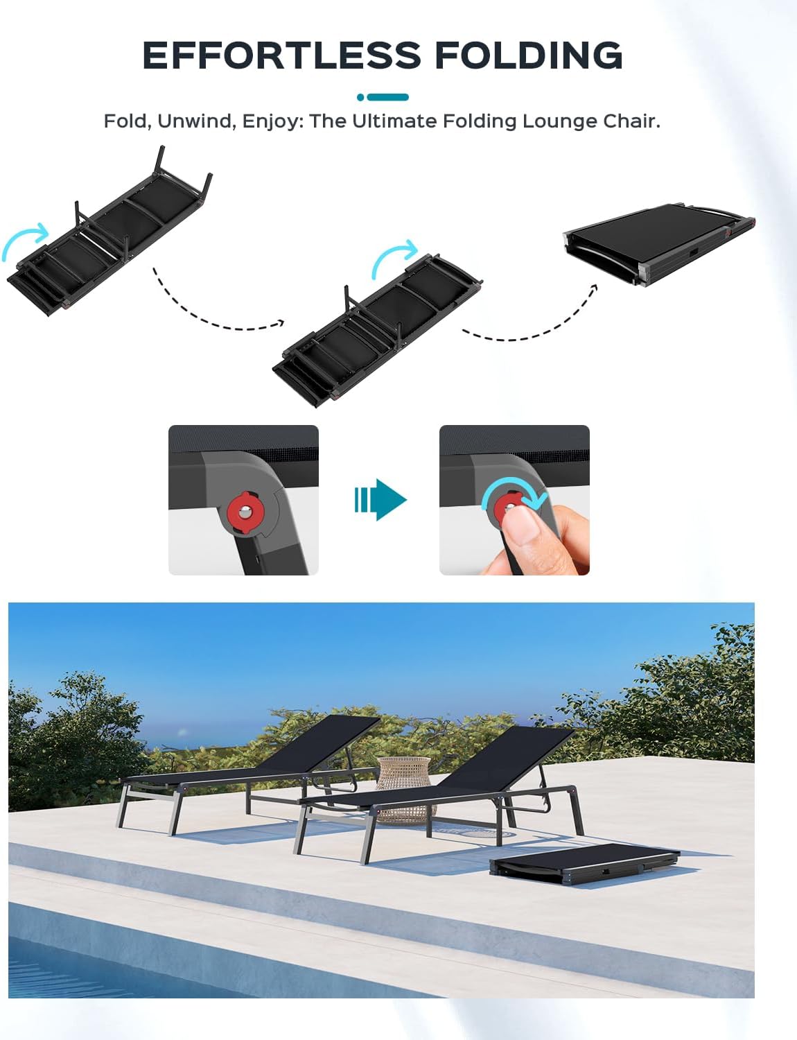 Ciokea Aluminum Chaise Lounge Ourdoor - Foldable & Assemble Free Outdoor Lounge Chair with 5 Adjustable Backrest, Patio Lounge Chair for Outside Poolside Beach Pool, Black, 1 Pack