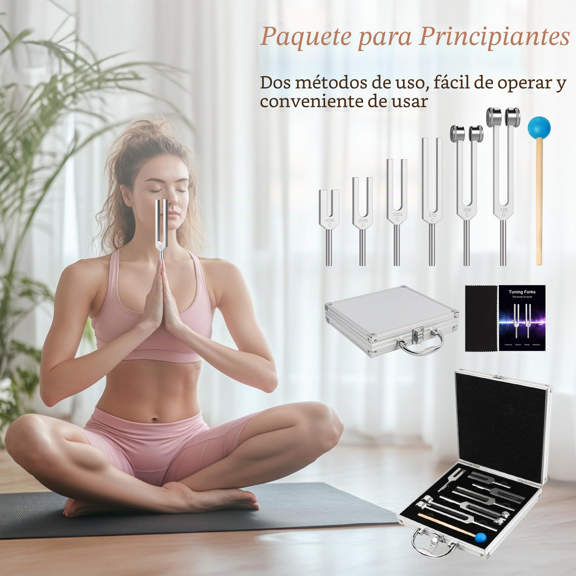 Juego de 6 diapasones de 128 Hz, 256 Hz, 512 Hz, 1024 Hz, 2048 Hz, 4096 Hz, diapasones de chakra para yoga, meditación, equilibrio de chakras, relajación (con martillo)