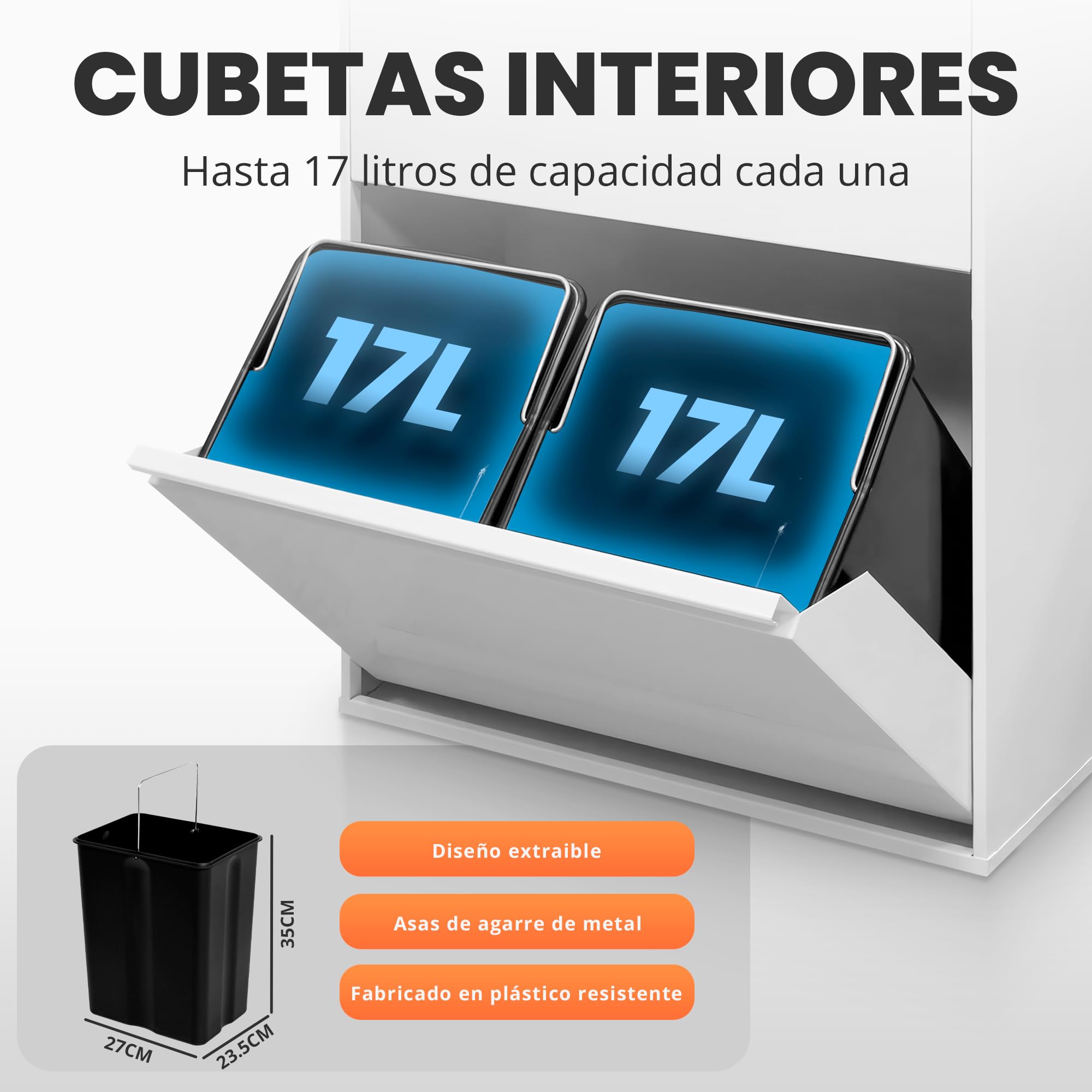 JUPPLIES Cubo de Basura Cocina Reciclaje de Acero con 4 Compartimentos | 4x17 (68L) | Mueble Contenedor de Reciclaje Metálico con 2 Cajones Abatibles para Casa u Oficina | 90,5x58,5x52cm