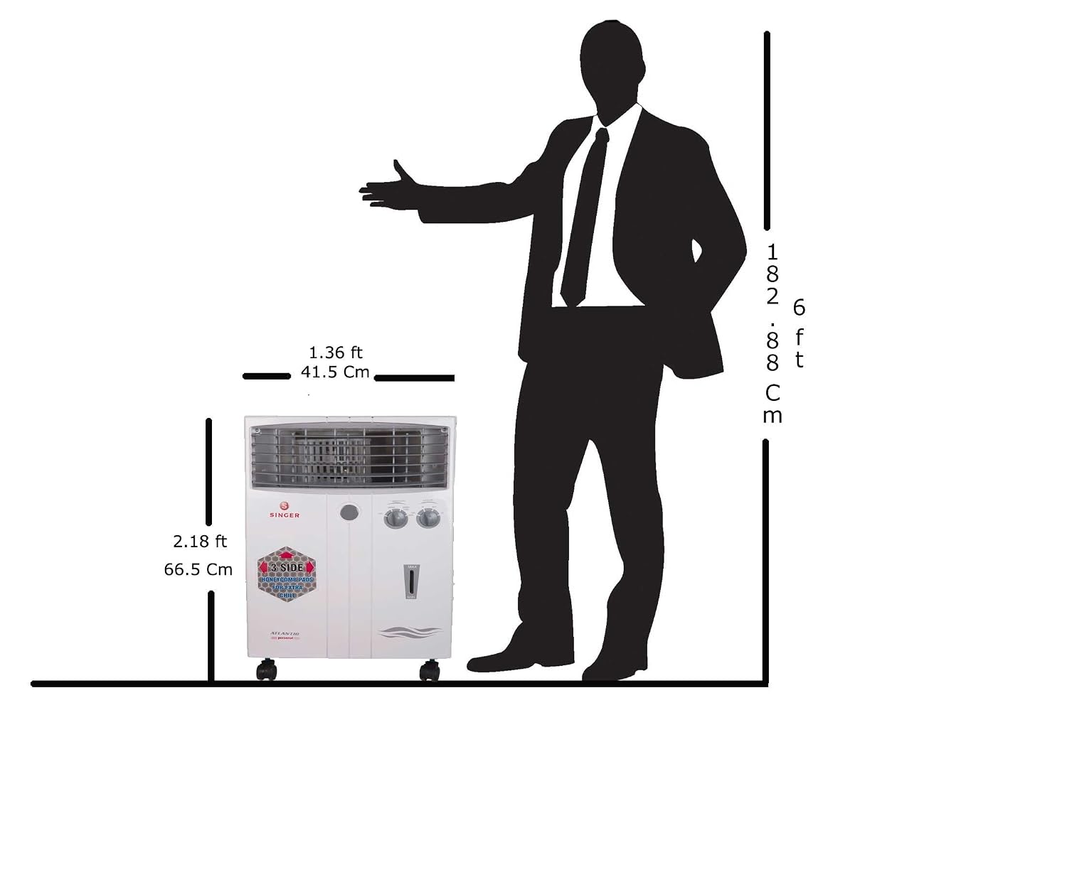 Water level indicator and castor wheels on the Singer Atlantic Personal 20L Room Cooler
