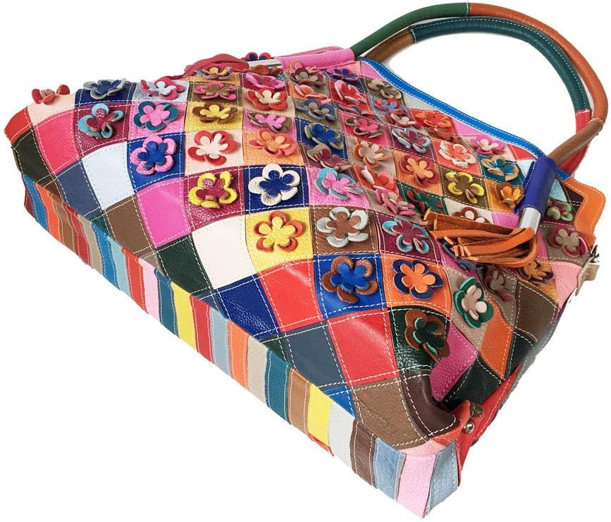 Women's Multicolor Big Boston Bag Genuine Leather RANDOM Colorful Patchwork Large Tote Handbag Hobo Crossbody Purses - Image 6