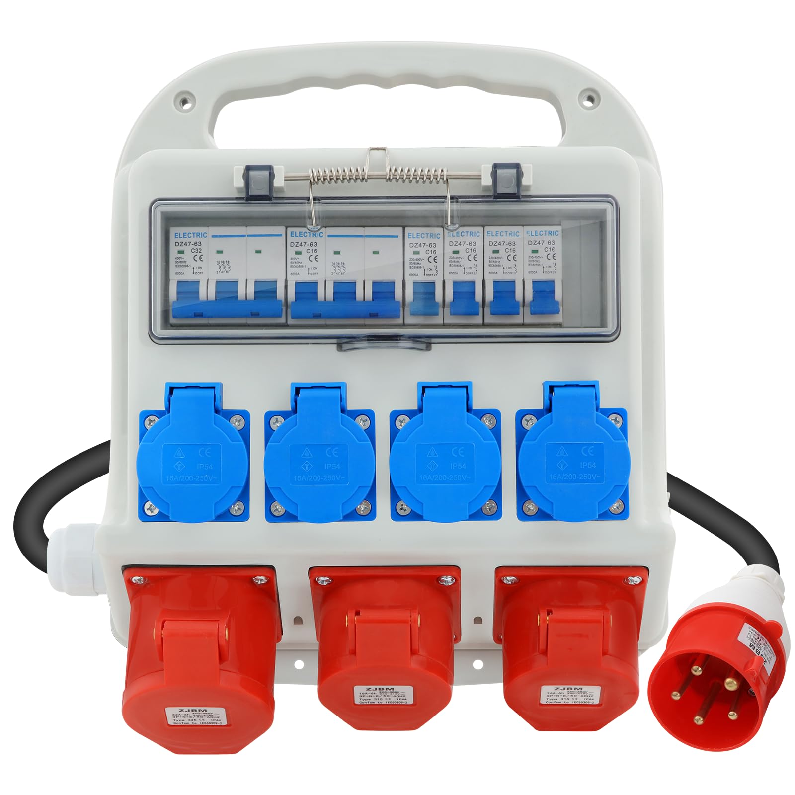 Distribuidor de Corriente para la Construcción 32 A 4 x 230 V + 2 x 16 A 400 V CEE + 1 x 32 A 400 V CEE, Protección Integral IP54, Distribuidor de pared con Tapa Abatible de Seguridad y Cable