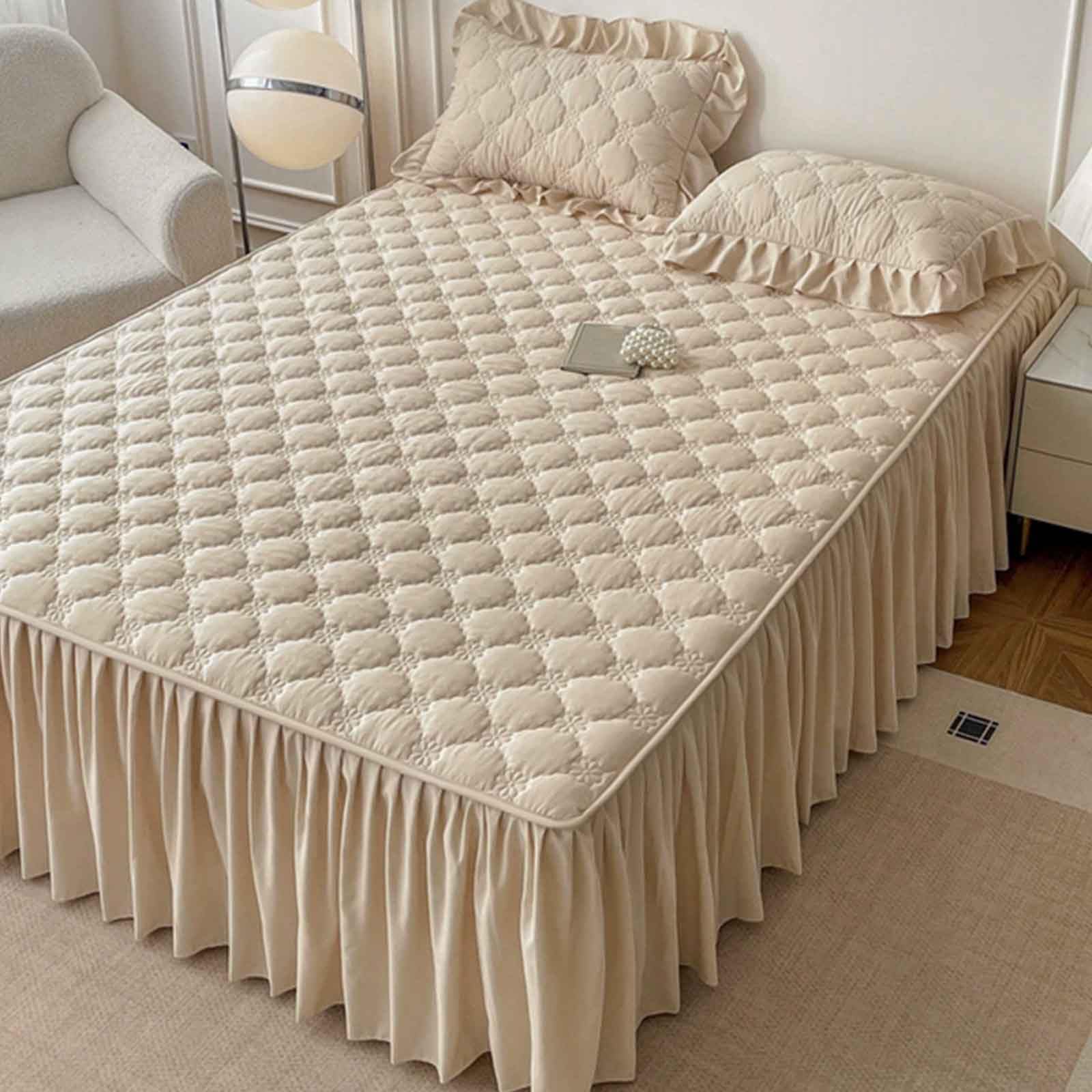 Bettlaken Spannbettlaken Betttuch Mit Volant-Rüschen Bettrock Tagesdecke Betthusse Matratzenbezug Spannbetttuch,Bettlaken Mit Rocksaum(*4,200 * 220cm)