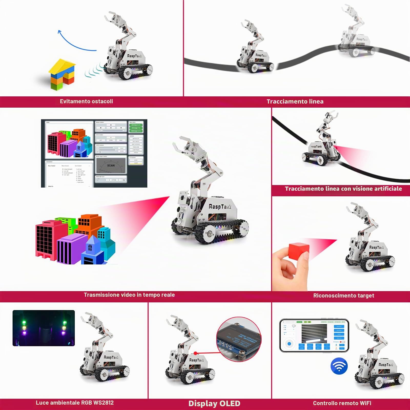 Adeept RaspTank - Kit per auto intelligente in metallo per Raspberry Pi 5/4B/3B/3B+(scheda non inclusa), robot per il monitoraggio del serbatoio con braccio robot 4 DOF, OpenCV, prevenzione ostacoli