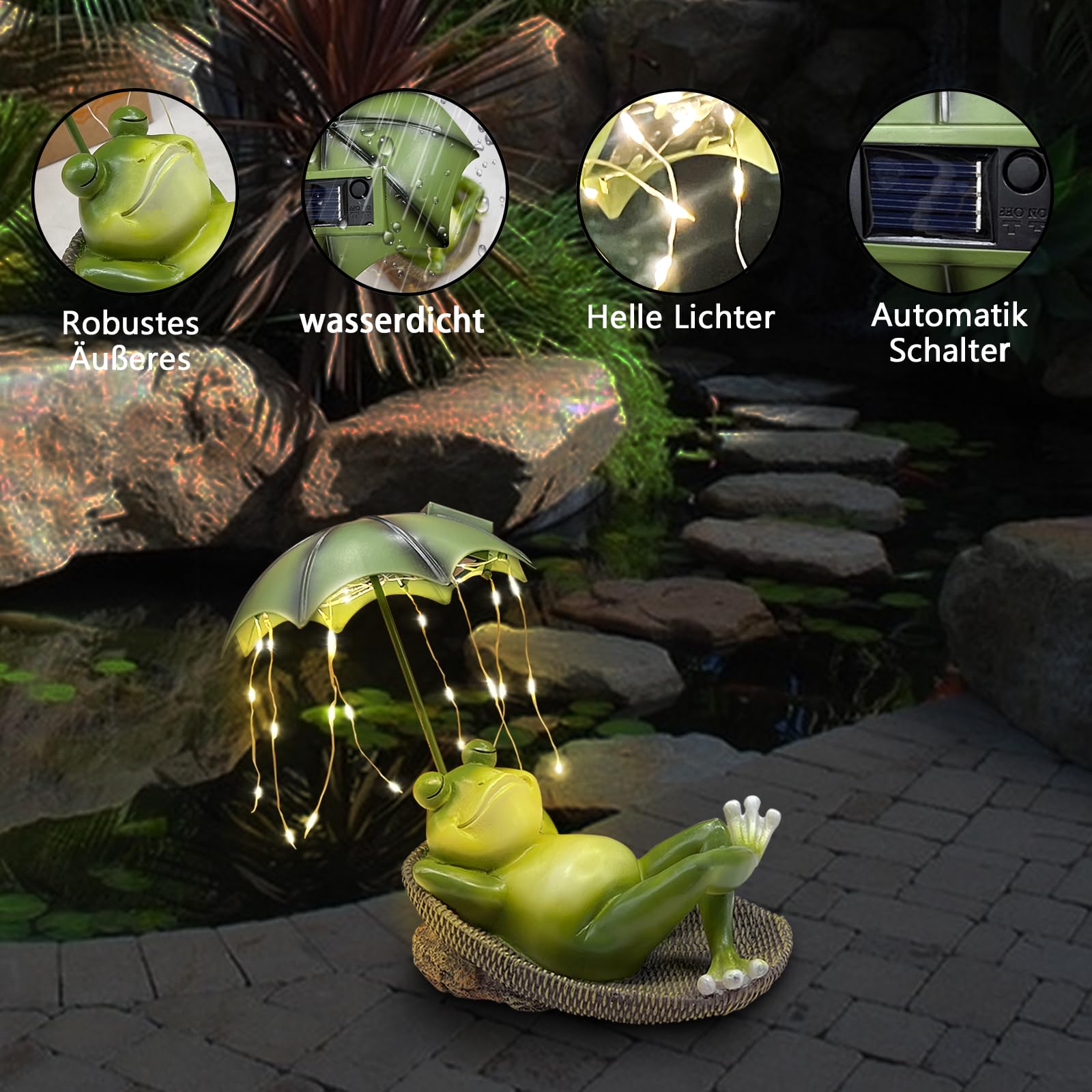 lifemet Outdoor Solar Frosch Garten Dekoration - Lustig Frösche EIN Schirm Figurch Garten Statue，IP65 wasserdichte LED Teich/Rasen/Haus/Für Terrasse Ornamente Geschenk für Frauen Mama
