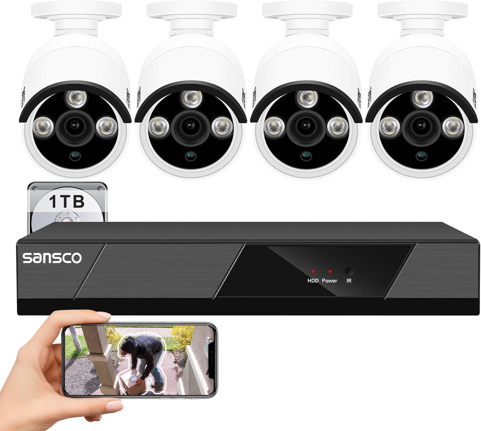 SANSCO PoE CCTV Security Camera System with 1TB Hard Drive Audio Recording, 8CH 4K NVR + (4) 5MP Outdoor IP Cameras (Built-in Mic, AI Human/Face Detection, Night Vision, Remote Access)