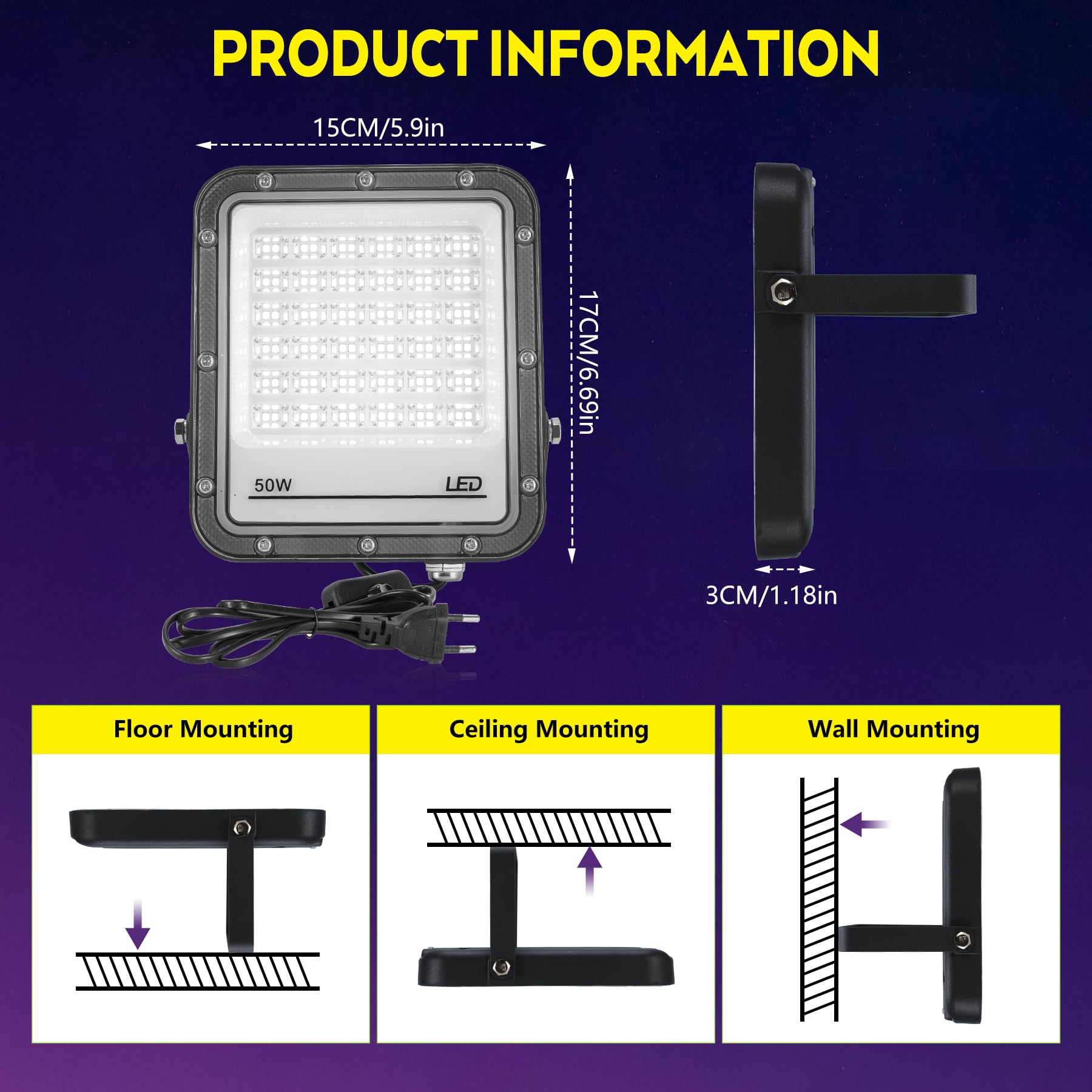 VAYALT 2 Pezzi 50W Luce Nera UV, IP65 Impermeabile Luce UV, 395nm Potente Faro UV, Faretto UV LED per Festa Glow, Bar, Acquario, Natale, Decorazione di Halloween, Pittura, Effetti Fluorescenti