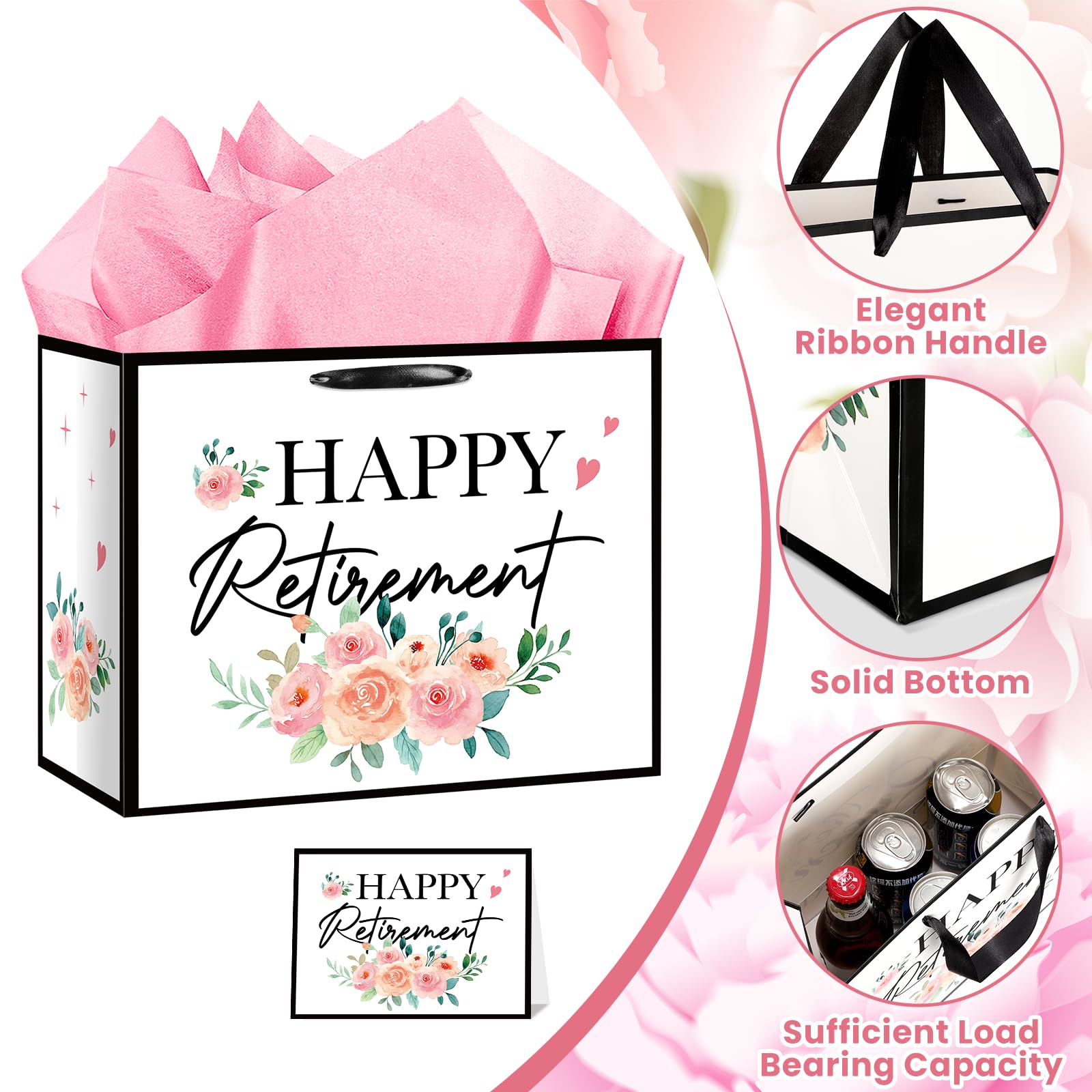 Floral Retirement Gift Bag for Women Pink Retirement Wrapping Paper Funny Retired Gift Bag with Tissue Paper and Card THE QUEEN HAS RETIRED Retired Gifts for Women Farewell Going Away Party Supplies