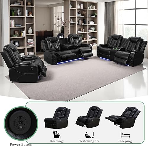 Miniatura 5 de Juego de sofás reclinables eléctricos, juegos de muebles de sala de estar, sofá reclinable eléctrico moderno negro, sofá biplaza y silla con Negro