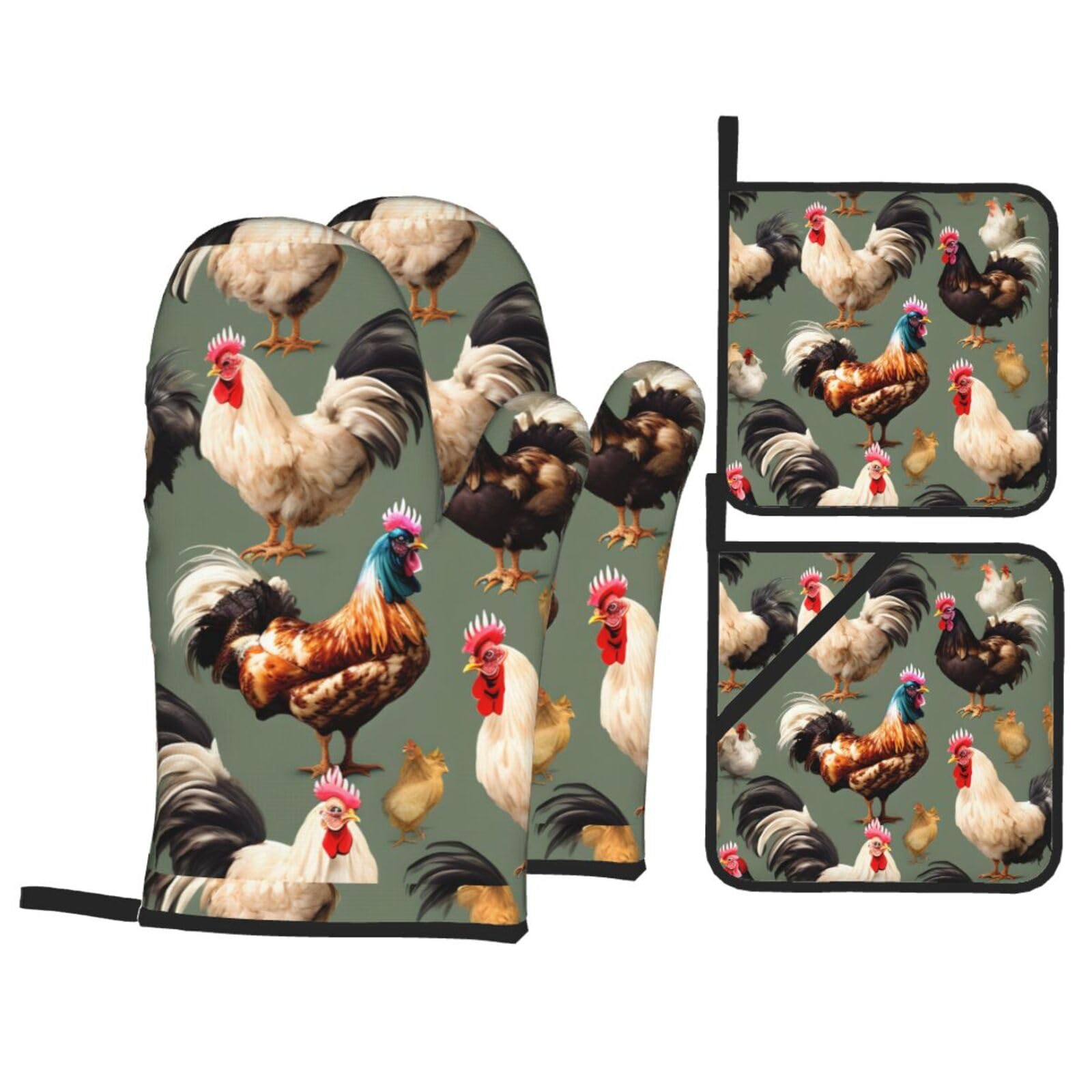 Chicken And Rooster Print Print Kitchen Oven Mitts And Pot Holders Set,Hanging Loop Design For Cooking Baking Bbq