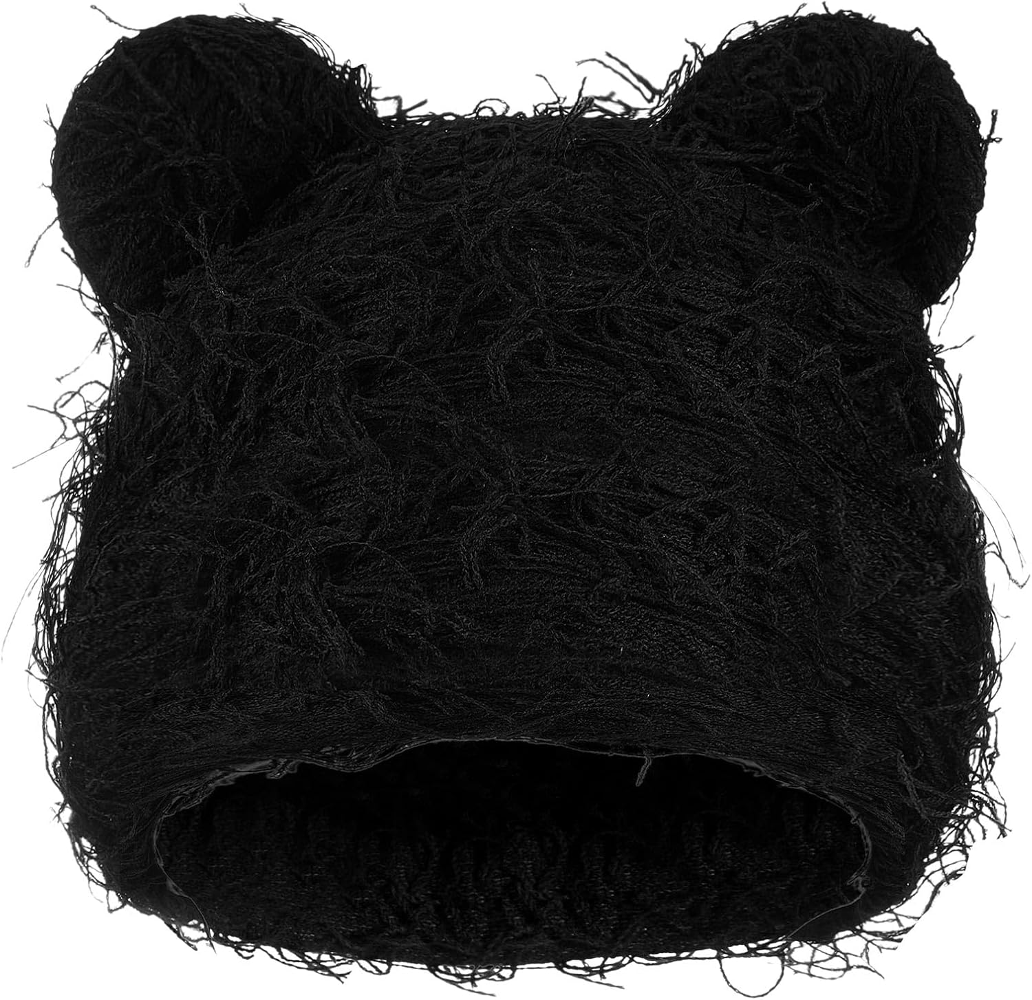Cute Fuzzy Bear Ear Beanie Distressed Knitted Bear Beanie Y2K for Women Men Warm Furry Knitted Crochet Hat Thick Slouchy Black Bears Ears Hat for Winter Outdoor