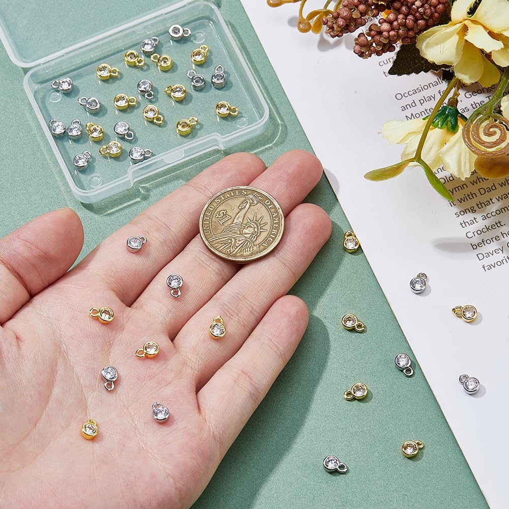 DICOSMETIC 40Pcs Cubic Zirconia Charm 2 Colors Round Crystal Charm Pendants Brass Rhinestone Charms Real 18K Gold Plated Birthstone Charms for Necklace Bracelet Earrings Jewelry Making, Hole: 1.2mm - Image 3