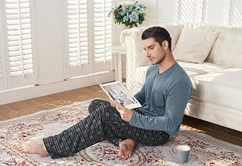 KUYIGO Mens Pajamas Set V Neck Top Plaid Pants 2 Piece Pjs | Soft 2 piece sleepwear set with V neck top, plaid pants and pockets for sleep, lounge or home wear