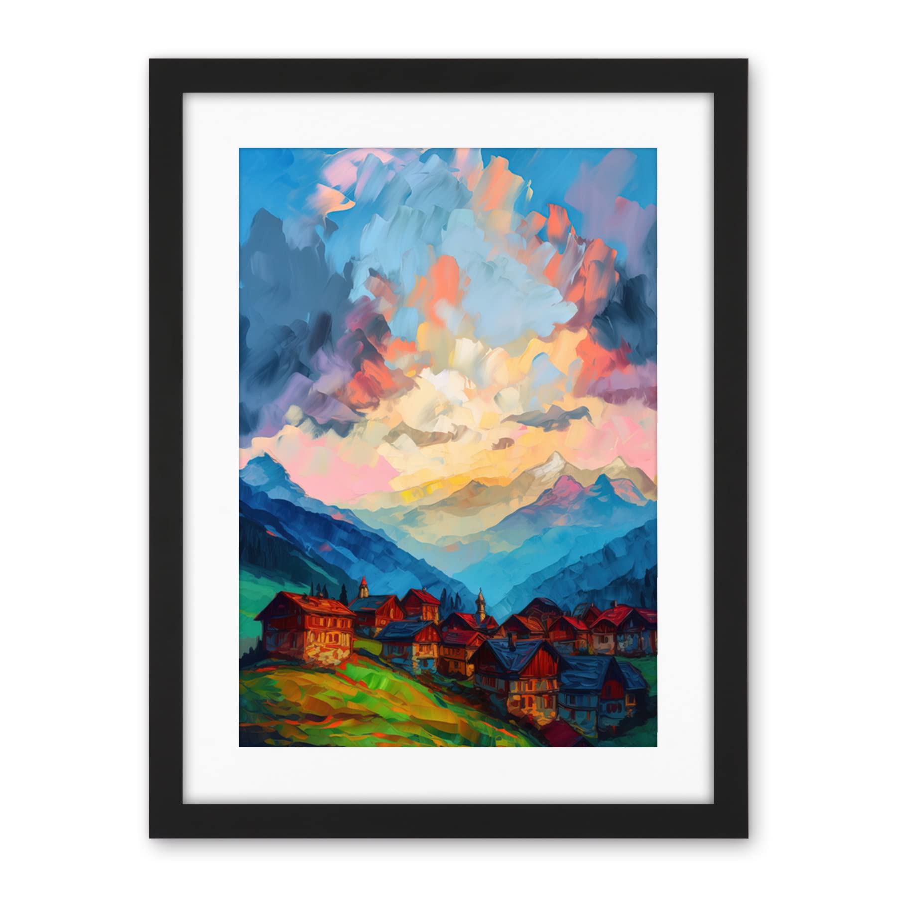 Artery8 Atmospheric Clouds at Dawn Over Small Village Houses in the Alps Modern Watercolour Painting Artwork Framed Wall Art Print 18X24 Inch