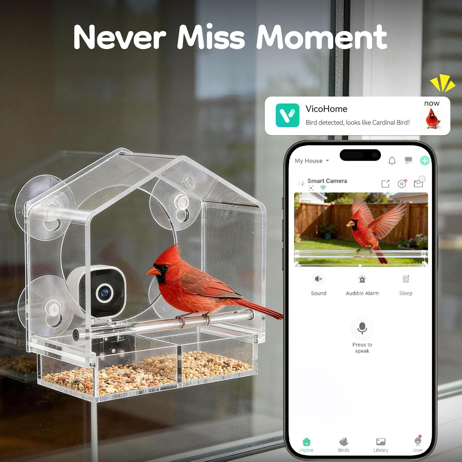 Window Bird Feeder with Camera, Window BirdFeeders with Strong Suction Cups, Birdhouse AI Bird Identifier & 2K HD Auto-Capture, Video Unique for Parents, Birding Lovers