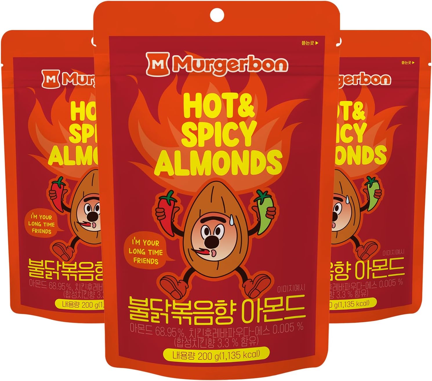 [Official MURGERBON] Buldak Spicy Chicken Almonds (7.05oz) - Authentic Korean Fire Chicken Flavor, Crunchy High Protein Roasted Nut Snack, Resealable Party Pouch