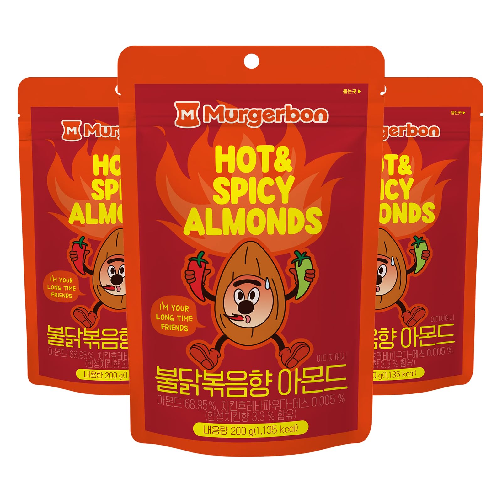 [Official MURGERBON] Hot & Spicy Chicken Almonds 7.05oz (200g) 3Pack - Buldak Sauce, High Protein, Resealable Zip Pouch, Snack for Kids, School, Office, Pack of 3
