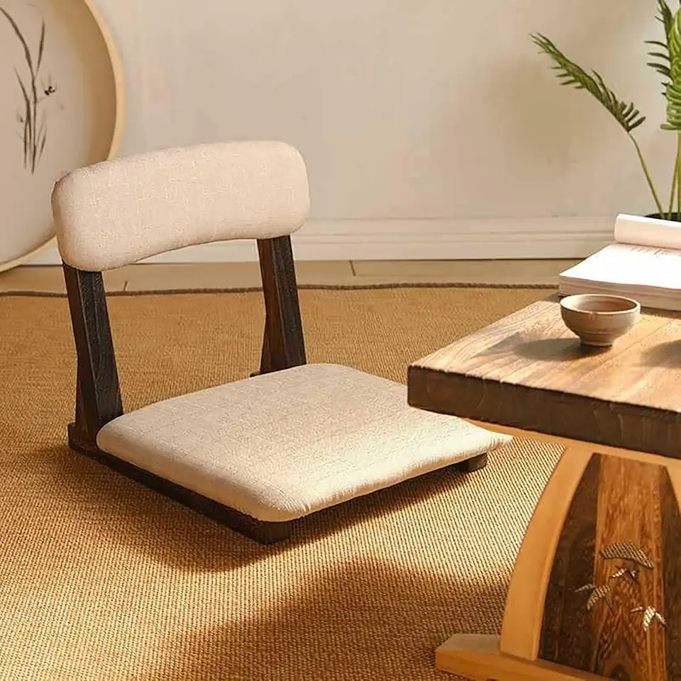 Cadeira de meditação de madeira maciça japonesa com suporte para as costas, assentos de chão estilo japonês, assentos de tatame com almofada para mesa de café, mesa de chá baixa, sala de estar, quarto