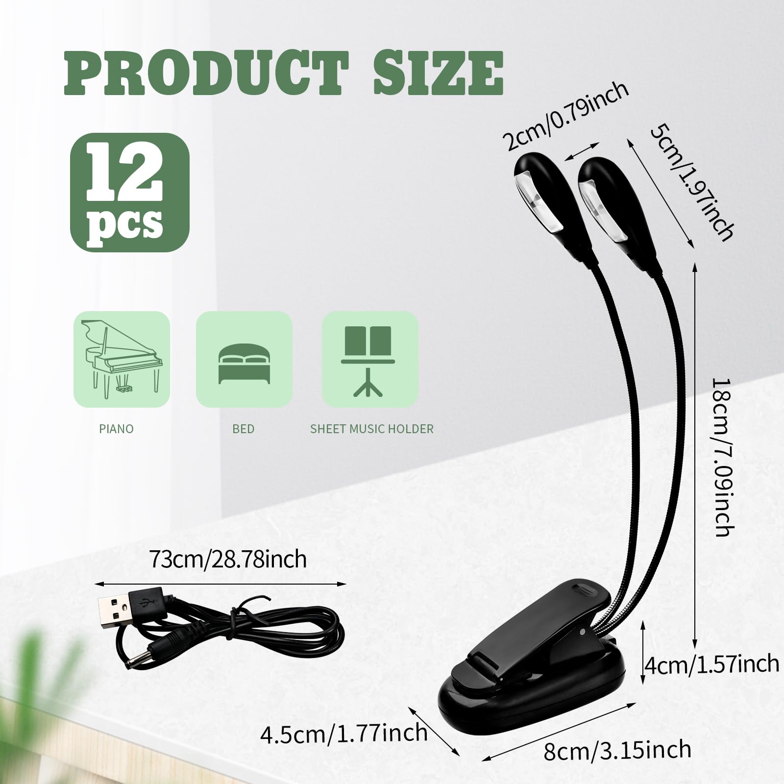 Lot de 12 lampes de lecture LED avec clip à double bras - Lampe USB et piles AAA - 4 niveaux de luminosité - Lampe de lecture pour les vers de bibliothèque, les joueurs de piano