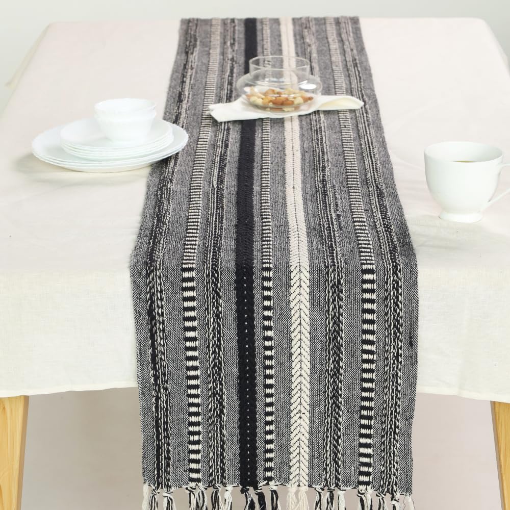 The Art Box Boho Cotton Fabric Table Runner Black - 14x72 inch Morden Farmhouse Braided Stripe Kitchen Dining Table Runner Tassel for Wedding Home Decor