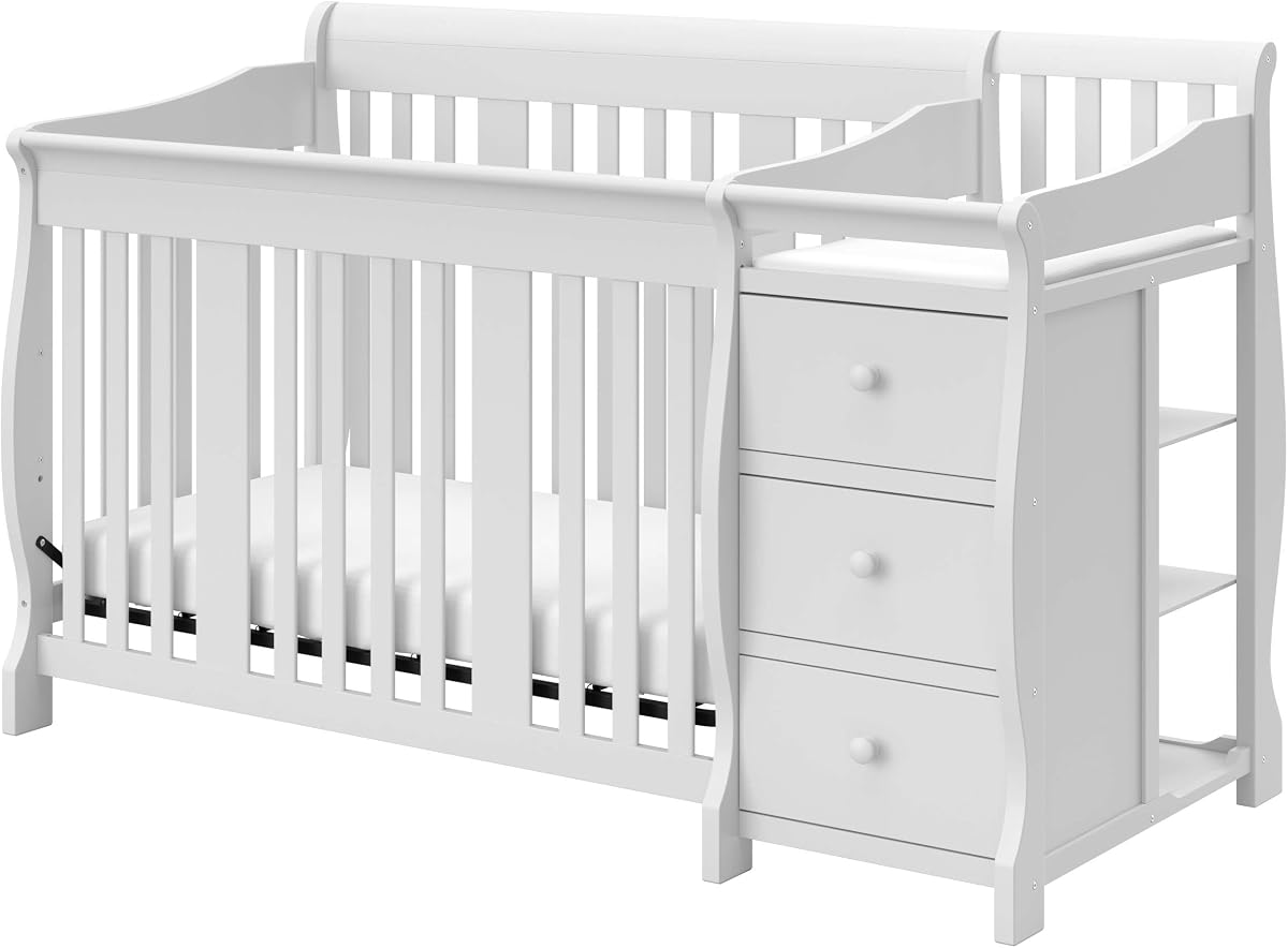 Storkcraft Portofino Cuna y cambiador convertible 5 en 1, blanco | Combo de cuna y cambiador con cajón, se convierte en cama para niños pequeños, diván y cama de tamaño completo, cajón de almacenamiento