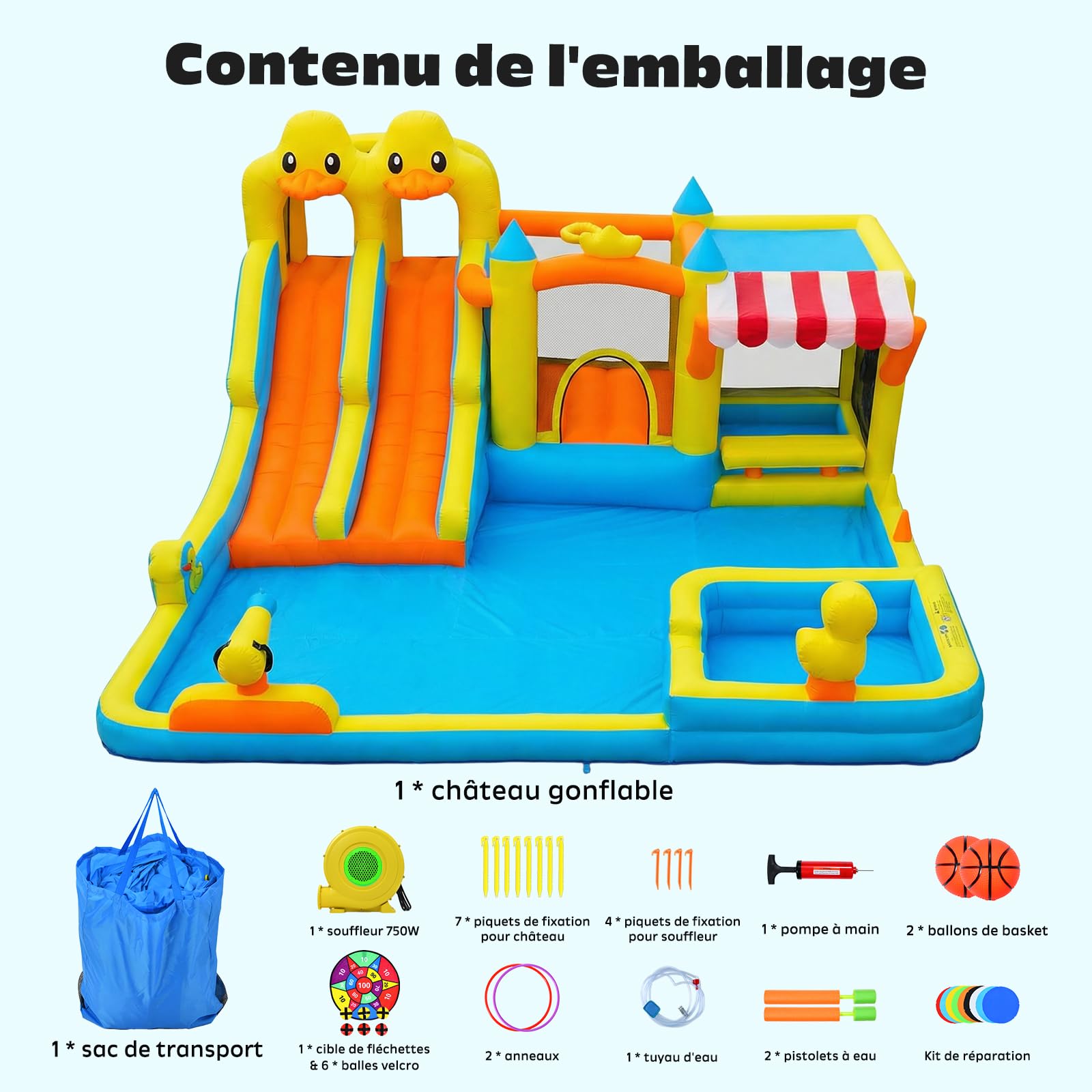 Hapfan Château Gonflable 11-en-1 avec Double Toboggan Aquatique – Piscine, Pistolet à Eau, Mur d’Escalade & Panier de Basket pour Les Plus Grands –520 * 445 * 245cm, Idéal pour Une fête de Jardin