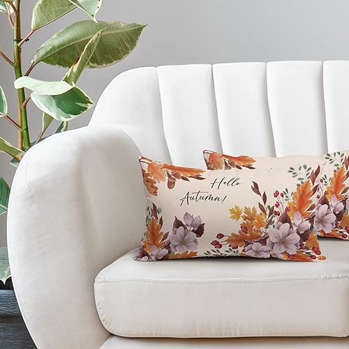 Miniatura 6 de Hello Autumn - Juego de 2 fundas de almohada lumbar de hojas de otoño naranjas de 12 x 20 pulgadas, diseño de hojas florales de Acción de Gracias,