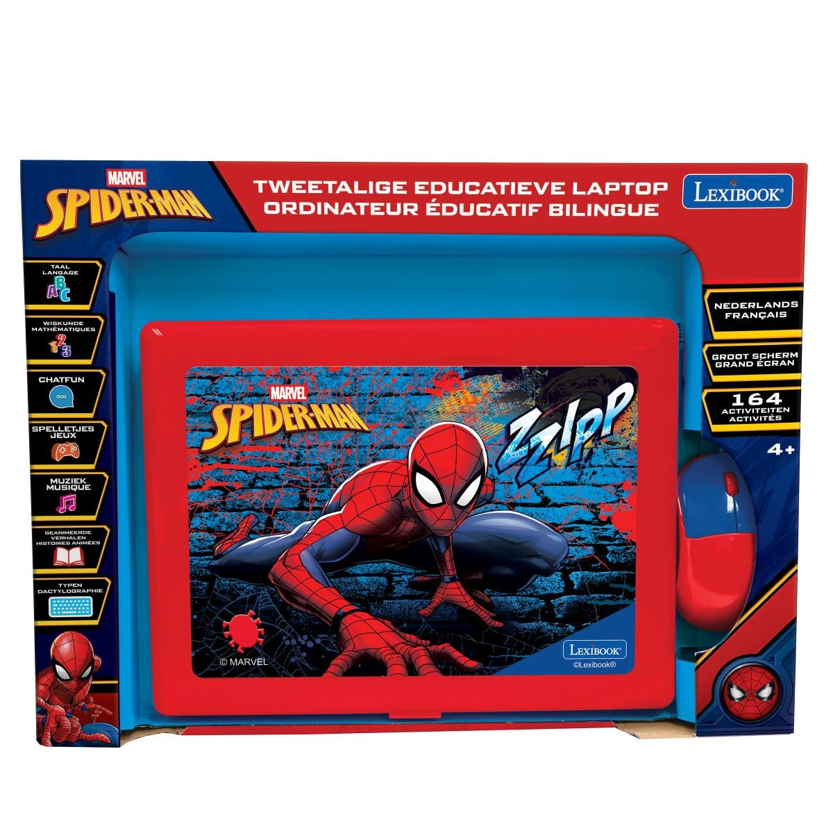 Lexibook, Spiderman, dwujęzyczny holenderski i francuski komputer edukacyjny, 164 aktywności, matematyka, gry logiczne, tryb muzyczny, ekran LCD, design Spiderman, czerwony/niebieski, JC601SPi10LXB