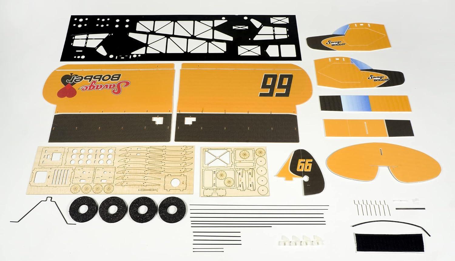 Dancing Wings Hobby Savage Bobber E3201 Kit components laid out