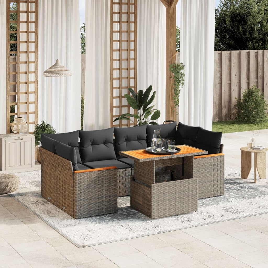 Set Divani da Giardino 7 pz con Cuscini Grigio Polyrattan Resistente per Terrazza e Patio, Arredo Lounge Modulare per Relax, Pranzo e Ospiti in Esterno