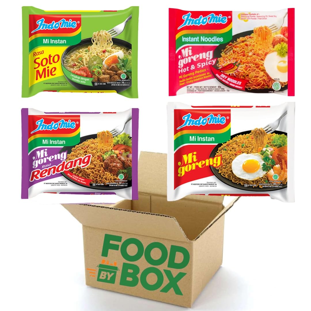 Indomie Instant Noodles Mixed Bundle - 40 Packs, 4 Flavors (Mi Goreng Original, Rendang, Hot & Spicy and Soto Beef & Lime Soupy) Authentic Indonesian Noodle Imported From Indonesia