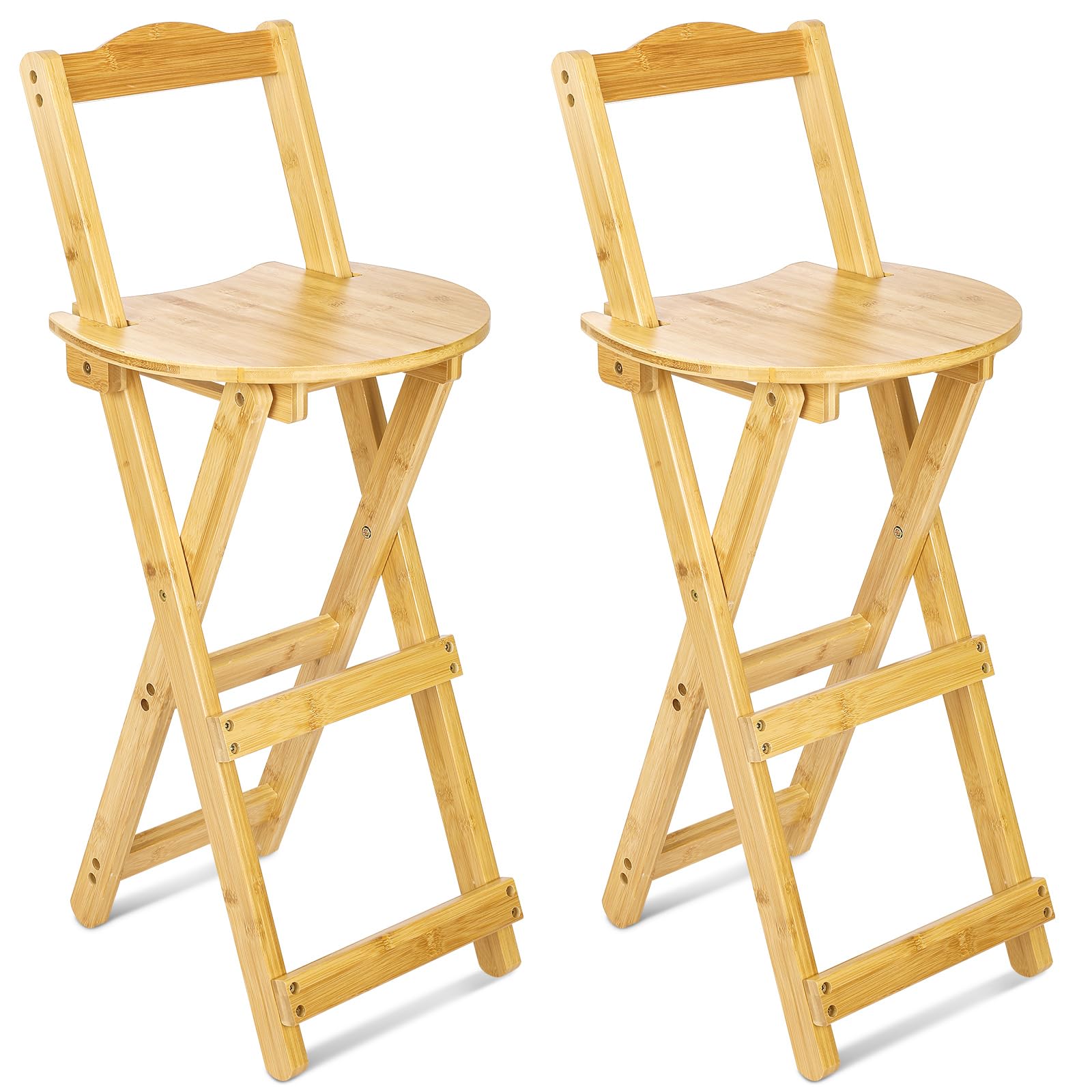 Leinuosen 2 Pieces Folding Bamboo Bar Stools with Backrest and Footrest 33 Inches Foldable Barstool Collapsible Portable Counter Height Folding Chairs with Pedals for Home, Outdoor, Kitchen