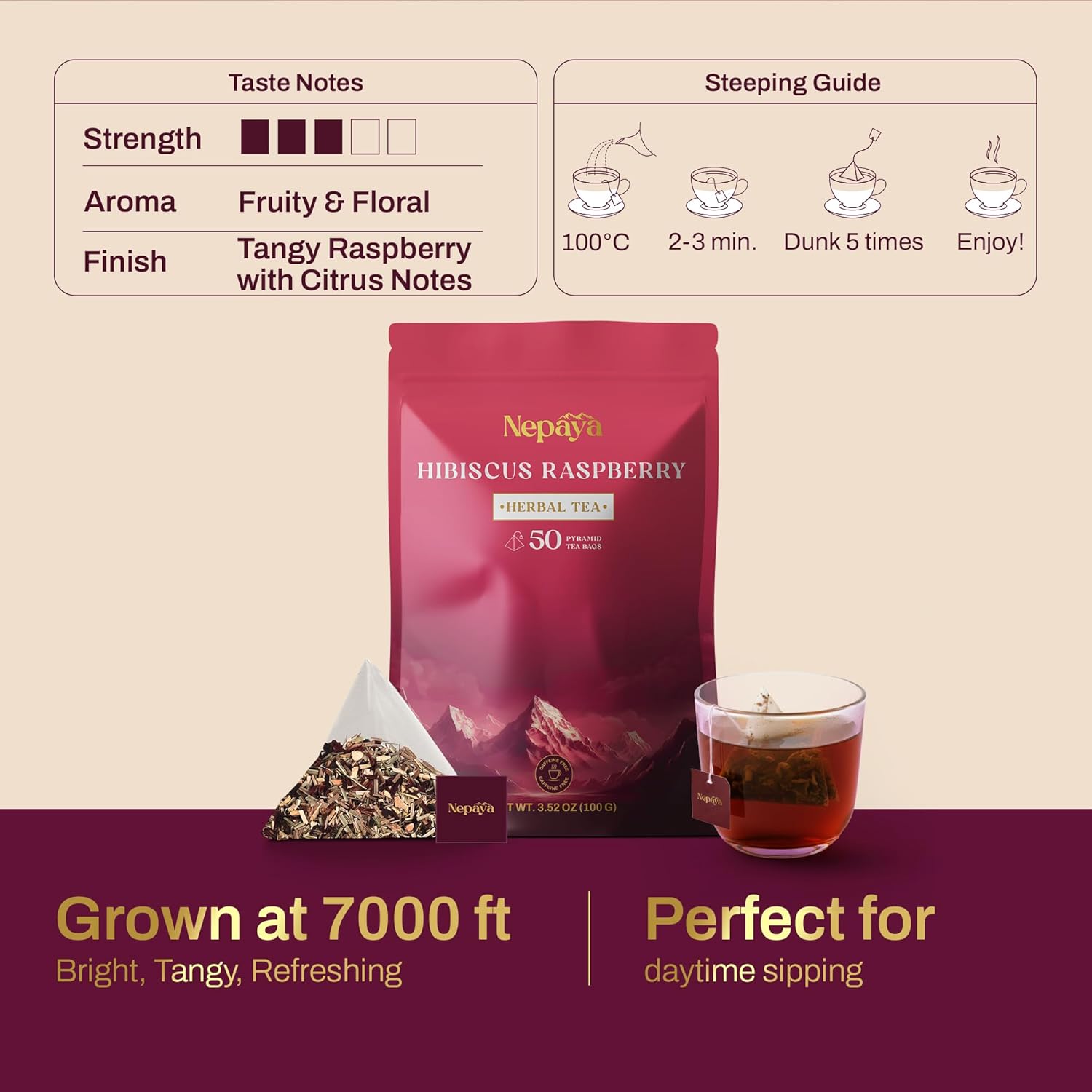 Nepaya Hibiscus Raspberry Herbal Tea Bags, Biodegradable Pyramid Teabags 50 Count with Fruity Berry Blend with Rosehip, Lemongrass & Orange Peel, Naturally Caffeine-Free, Hot or Ice Tea