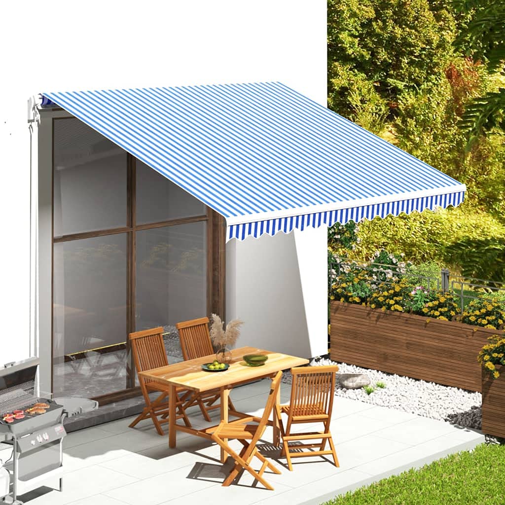 ksxnkhk Blue and white awning fabric 4 x 3.5 m - UV resistant sun protection for patio, garden, courtyard. Replacement fabric with valance.