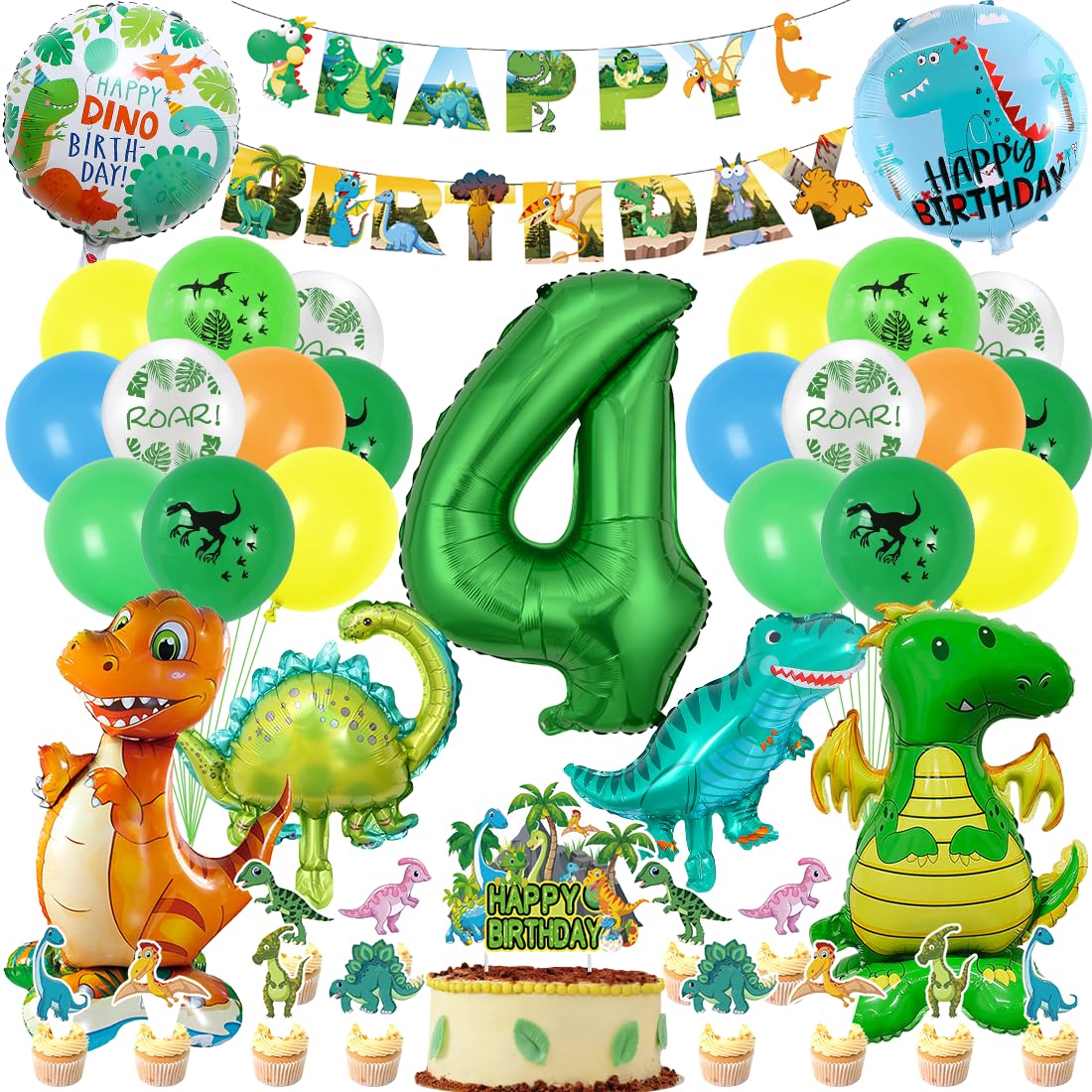 Dino Geburtstag Deko 4 Jahre Jungen, Dinosaurier Geburtstagsdeko, XXL Dino Folienballons mit Luftballon 4, Dino Kuchen Deko, Happy Birthday Girlande für Dino Party Dschungel Deko Kindergeburtstag