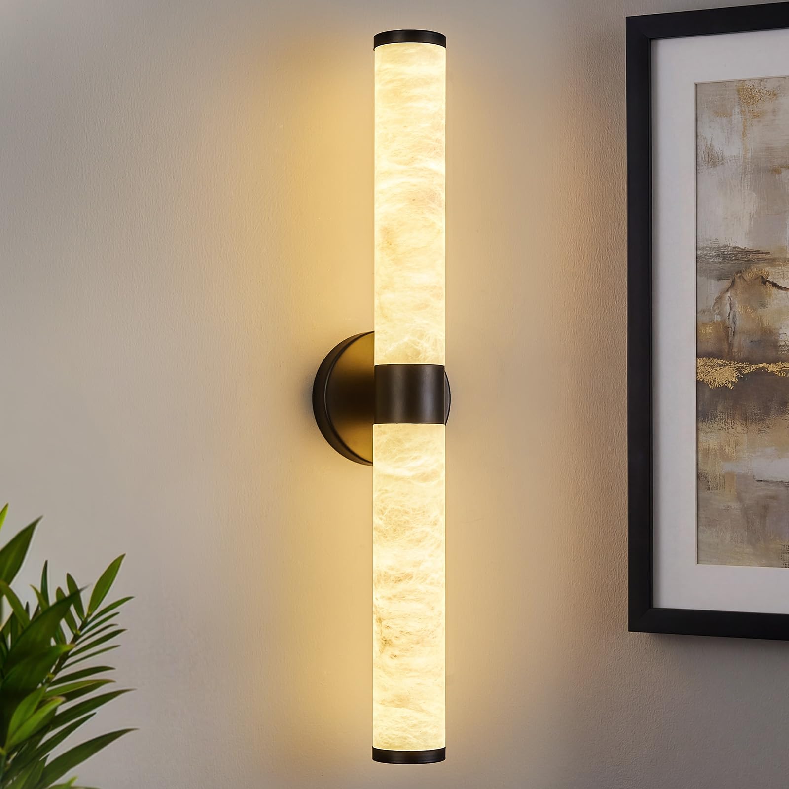 Photo 1 of LMQNINE Natural Alabaster Wall Sconces Modern Gold LED Wall Lights 24" Spanish Marble Cylinder Sconces for Living Room Bedroom Bathroom Hallway, Staircase?1 Pack?
