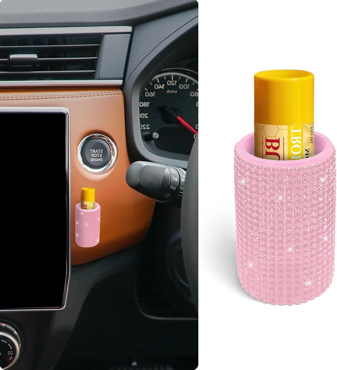1 Pack Upright Car Organizer, Glimmering Rhinestone Storage, Bling Car Interior Accessories for Women (Pink)