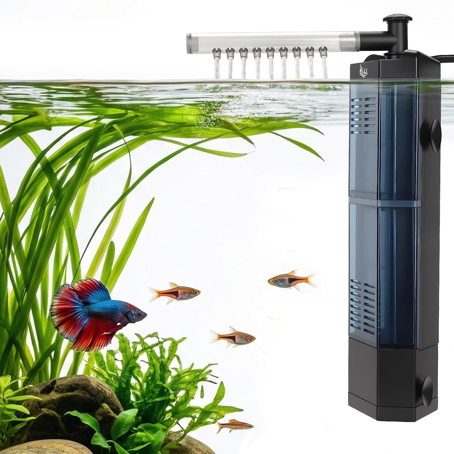 AQQA Internal Aquarium Filter - Submersible 40-100 Gallons Fish Tank Filters, Adjustable Wave Maker, Bottom Inlet Whisper Pump and Underwater Automatic Power Water Filter System for Freshwater (L)